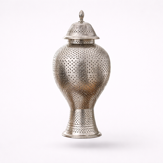 Moroccan Metal Jar with Lid | Silver Hammered Decorative Storage Jar