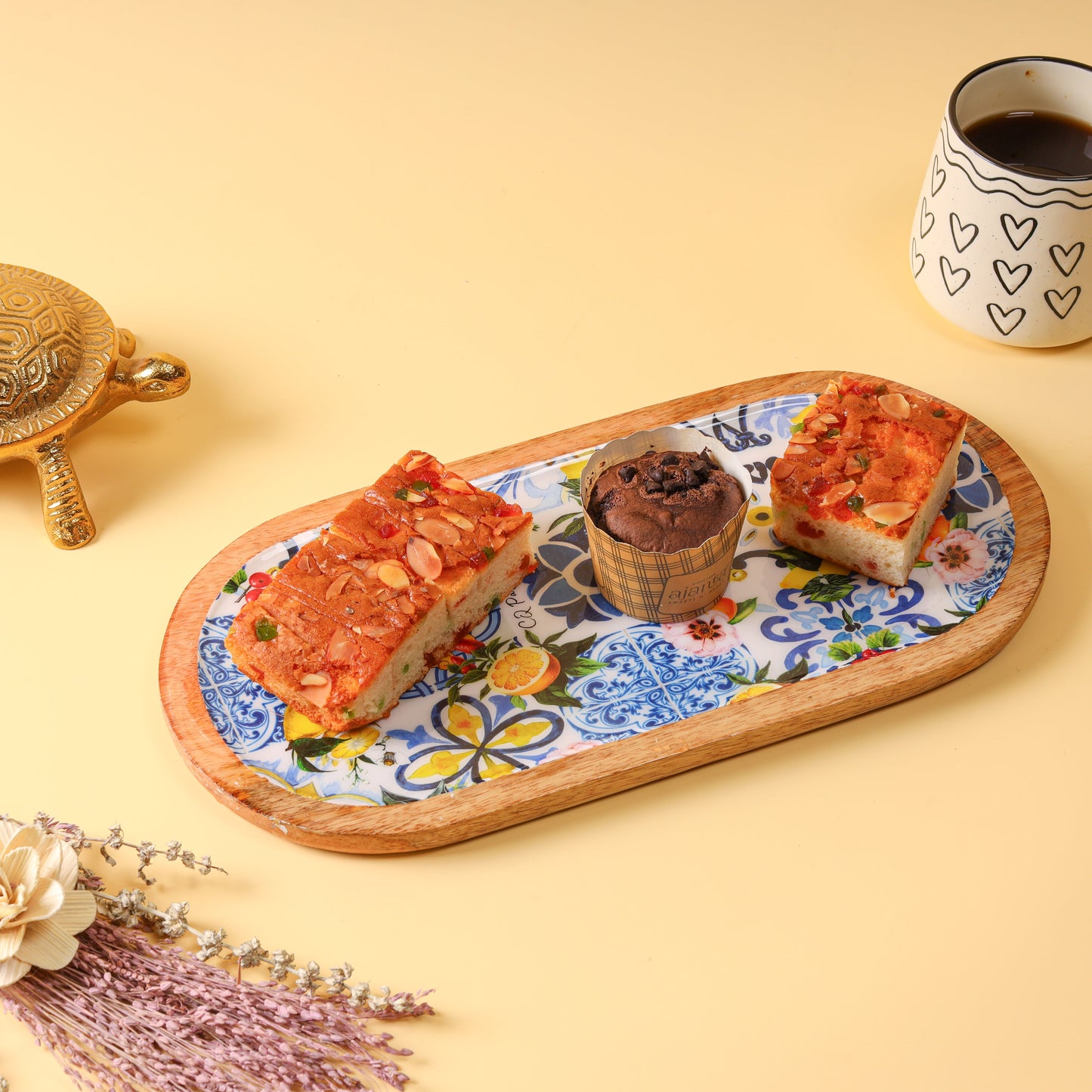 Oval Wooden Serving Platter with Decorative Floral Decaling | Wooden Snack & Appetizer Serving Tray