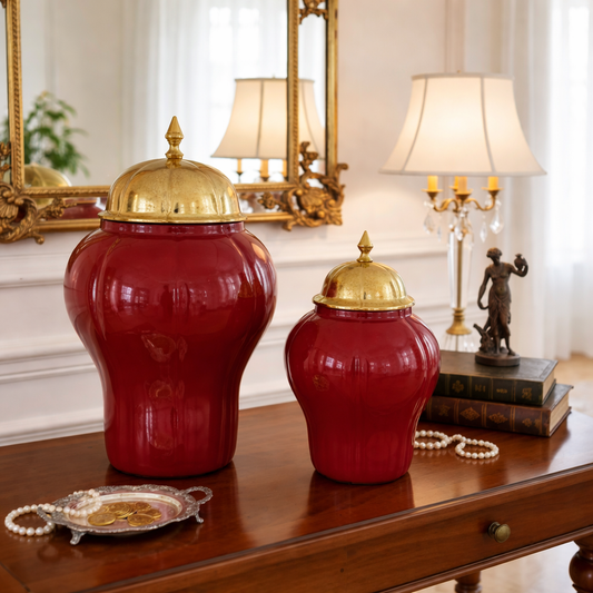 Decorative Red Jar with Gold Lid for Home Decor (Set of 2)