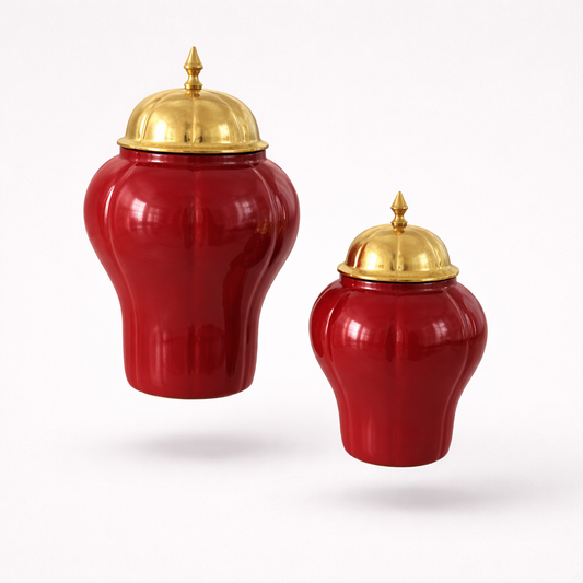 Decorative Red Jar with Gold Lid for Home Decor (Set of 2)