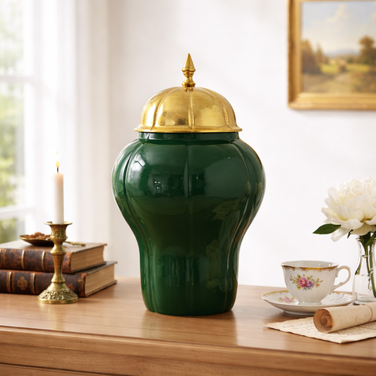 Decorative Green Jar with Gold Lid for Home Decor