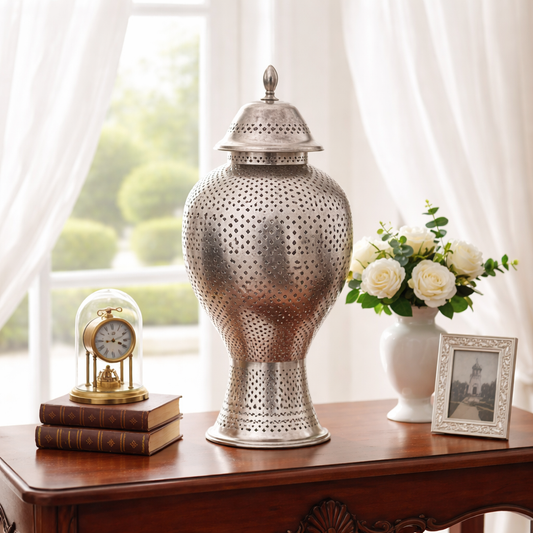 Moroccan Metal Jar with Lid | Silver Hammered Decorative Storage Jar