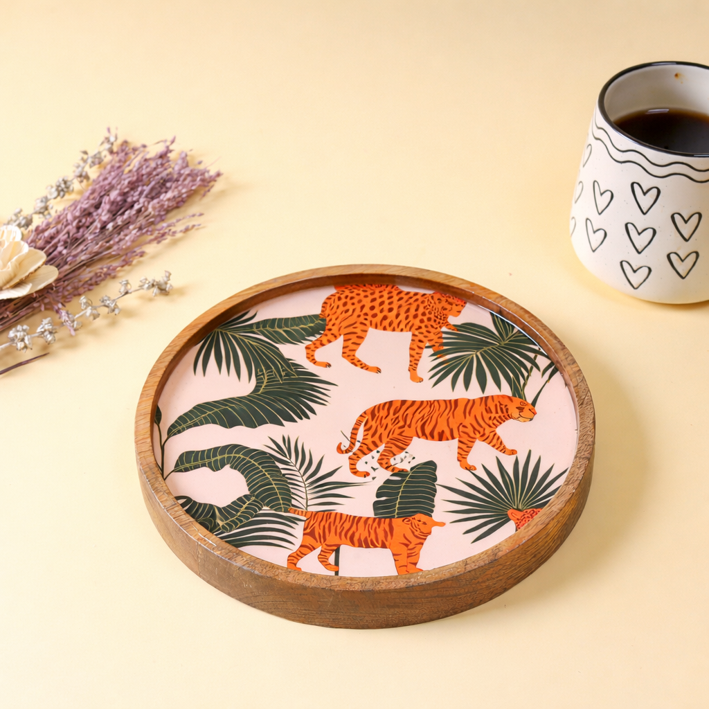Round Wooden Platter with Jungle Decaling | Decorative Snack & Serving Platter | Handcrafted Wooden Tableware