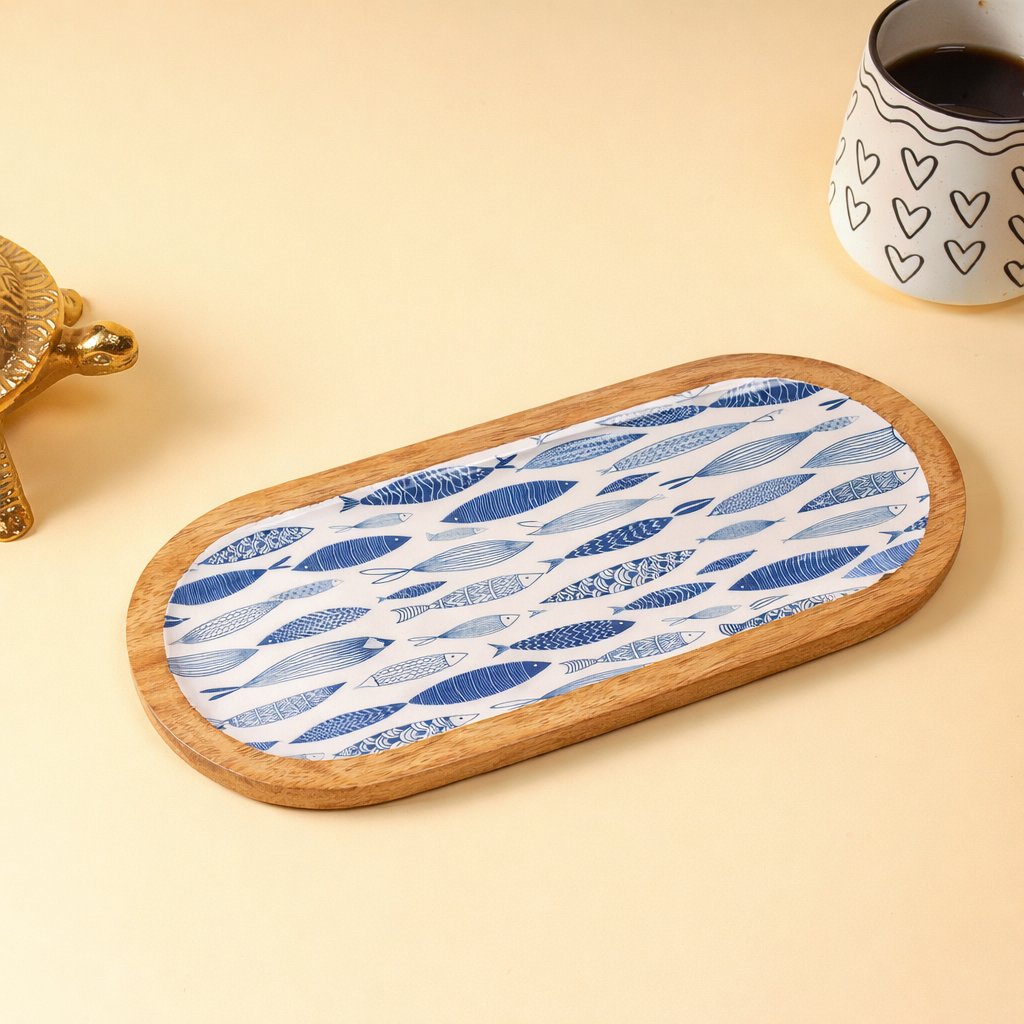 Oval Wooden Serving Platter with Decorative Decaling | Wooden Snack & Appetizer Serving Tray