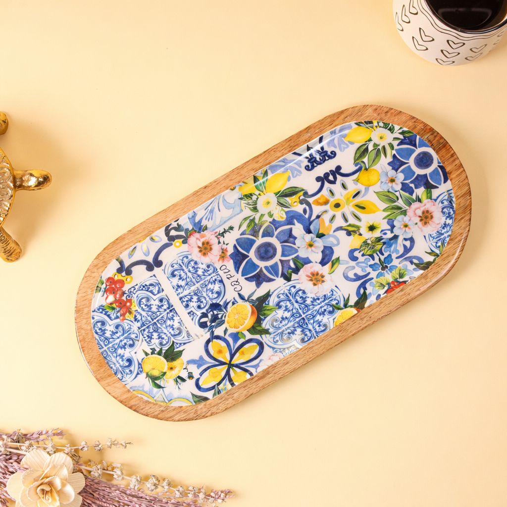 Oval Wooden Serving Platter with Decorative Floral Decaling | Wooden Snack & Appetizer Serving Tray