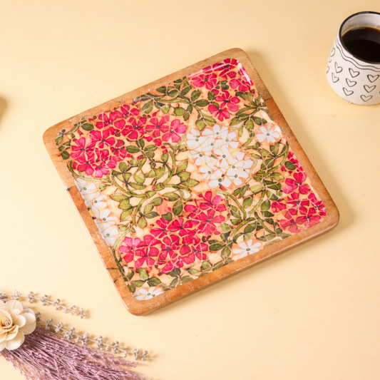 Square Wooden Serving Platter with Floral Decaling | Decorative Snack & Appetizer Serving Tray